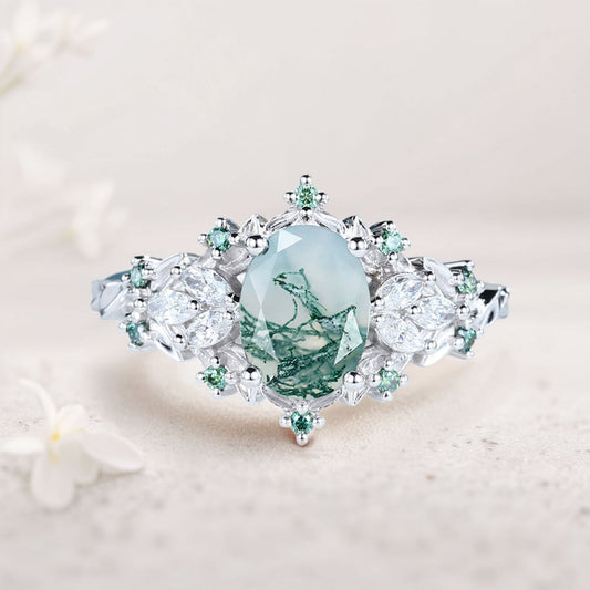 Unique Starlight Moss Agate Engagement Ring