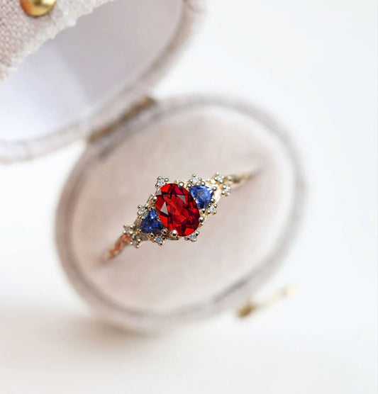 Unique Briar Rose Oval Garnet and Lab Sapphire Ring
