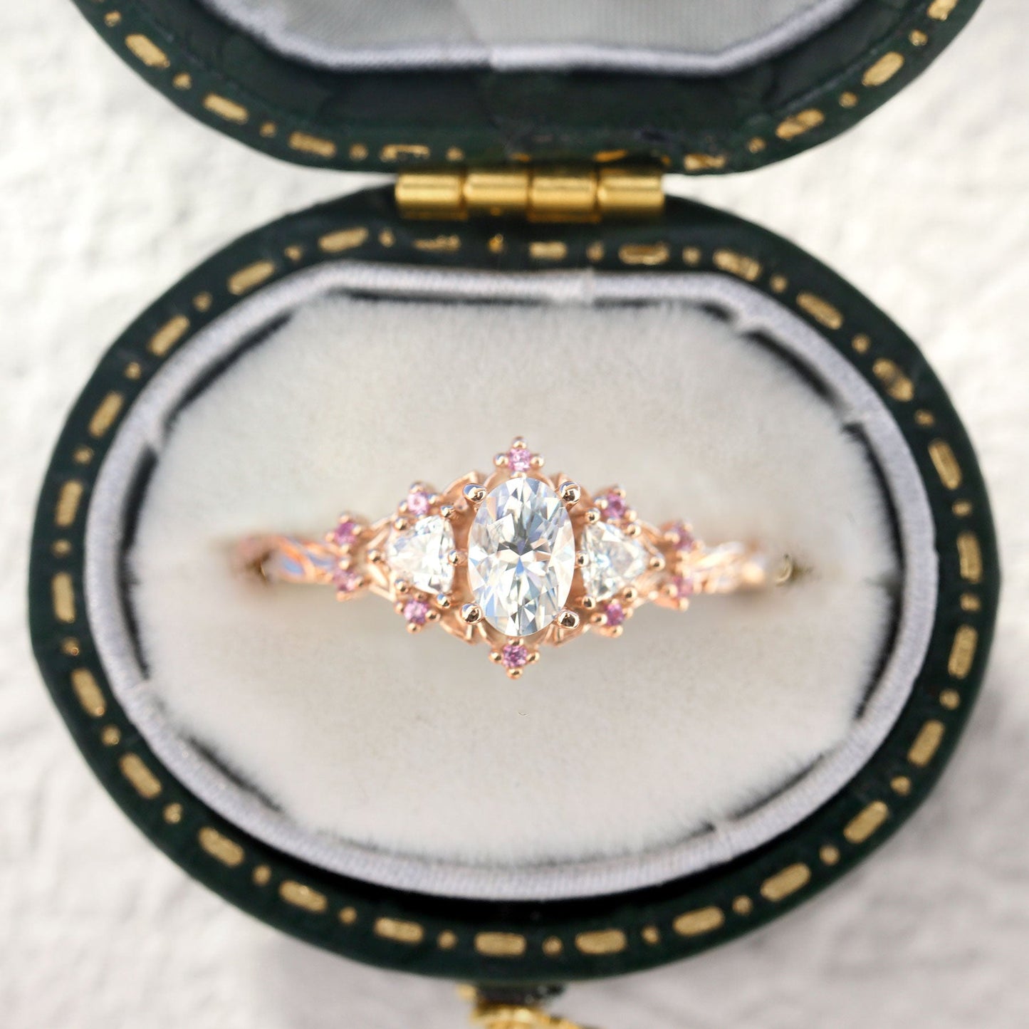 Unique Briar Rose Three Stone Oval Moissanite and Pink Sapphire Ring
