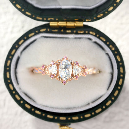 Unique Briar Rose Three Stone Oval Moissanite and Pink Sapphire Ring