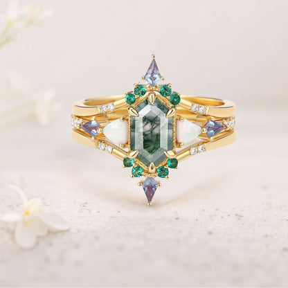 Unique floral engagement rings Long Hexagon Moss Agate Engagement Ring Set with Opal, Alexandrite, Emerald Accents