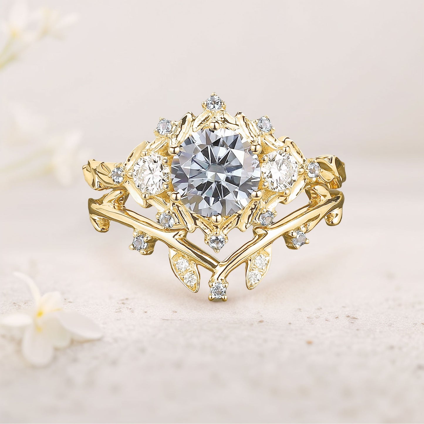 Unique Round Gray Moissanite Leaf Engagement Ring Set Bridal Promise Ring Moissanite Cluster Flower Wedding Band