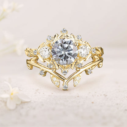 Unique Round Gray Moissanite Leaf Engagement Ring Set Bridal Promise Ring Moissanite Cluster Flower Wedding Band