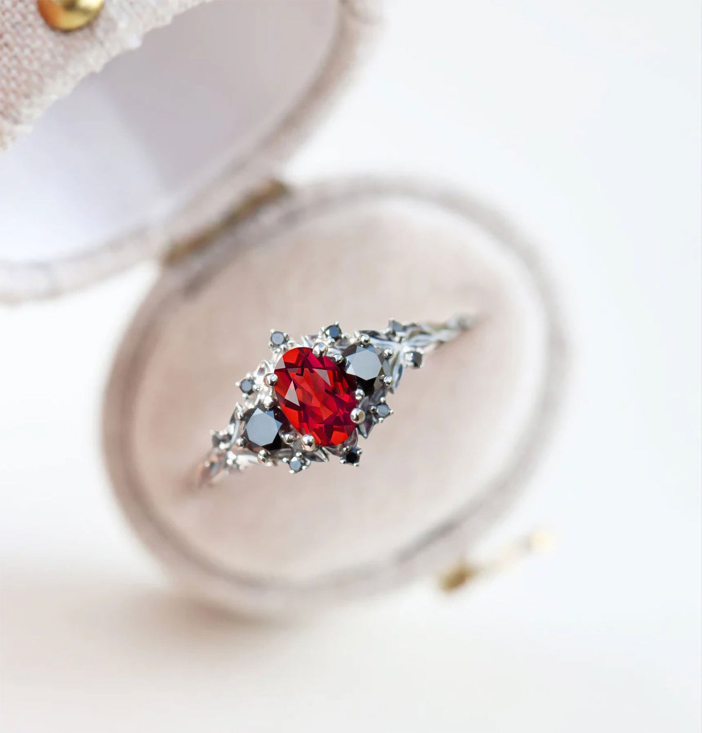 Unique Briar Rose Three Stone Oval Garnet and Black Moissanite Anniversary Ring