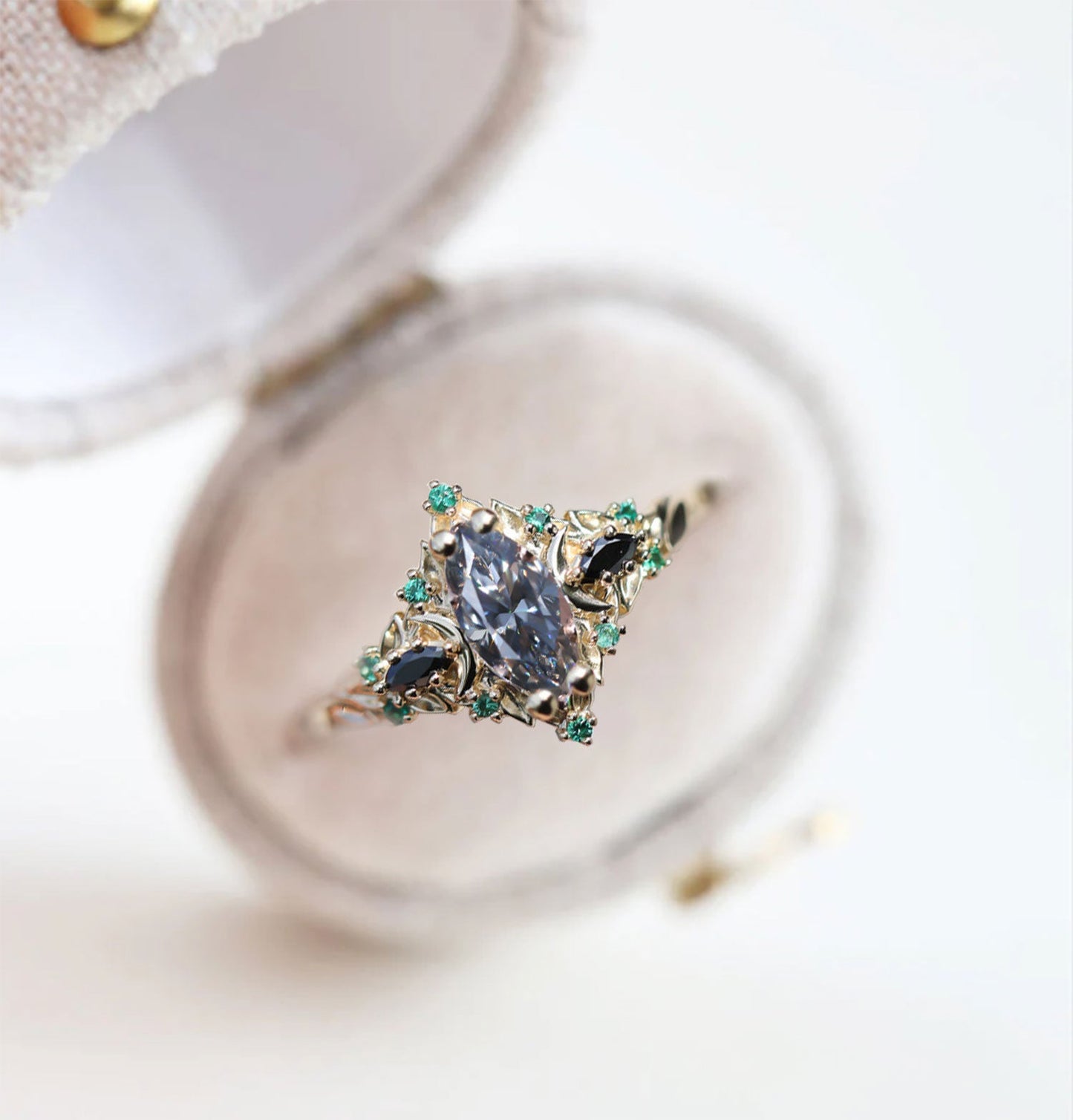 Unique Briar Moon Three Stone Marquise Grey Moissanite and Lab Emerald Ring