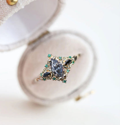 Unique Briar Moon Three Stone Marquise Grey Moissanite and Lab Emerald Ring