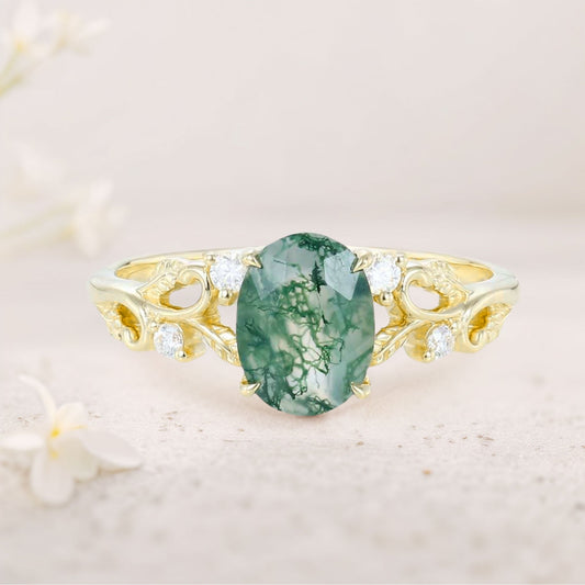 Unique floral engagement rings Oval Moss Agate Claw Engagement Ring Ornate Green Bridal Ring