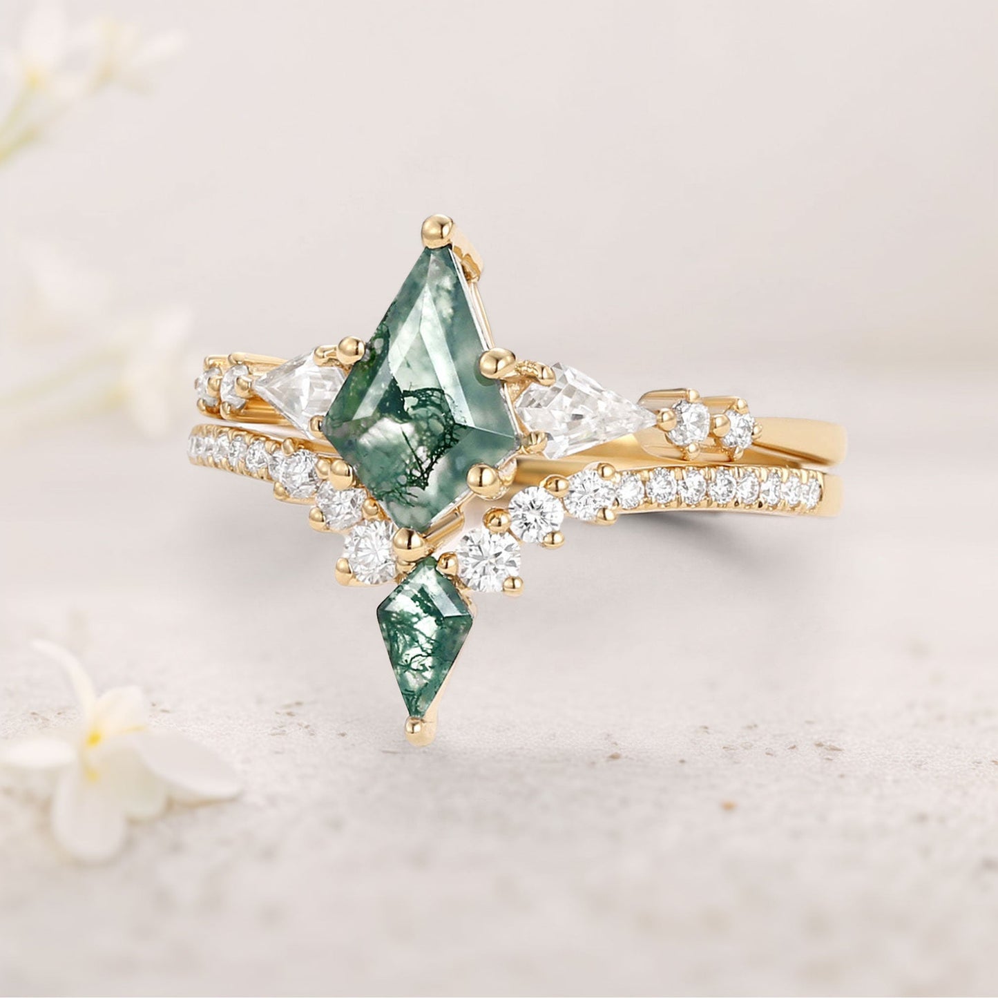 Unique floral engagement rings Twin Flames Kite Moss Agate Wedding Ring Set