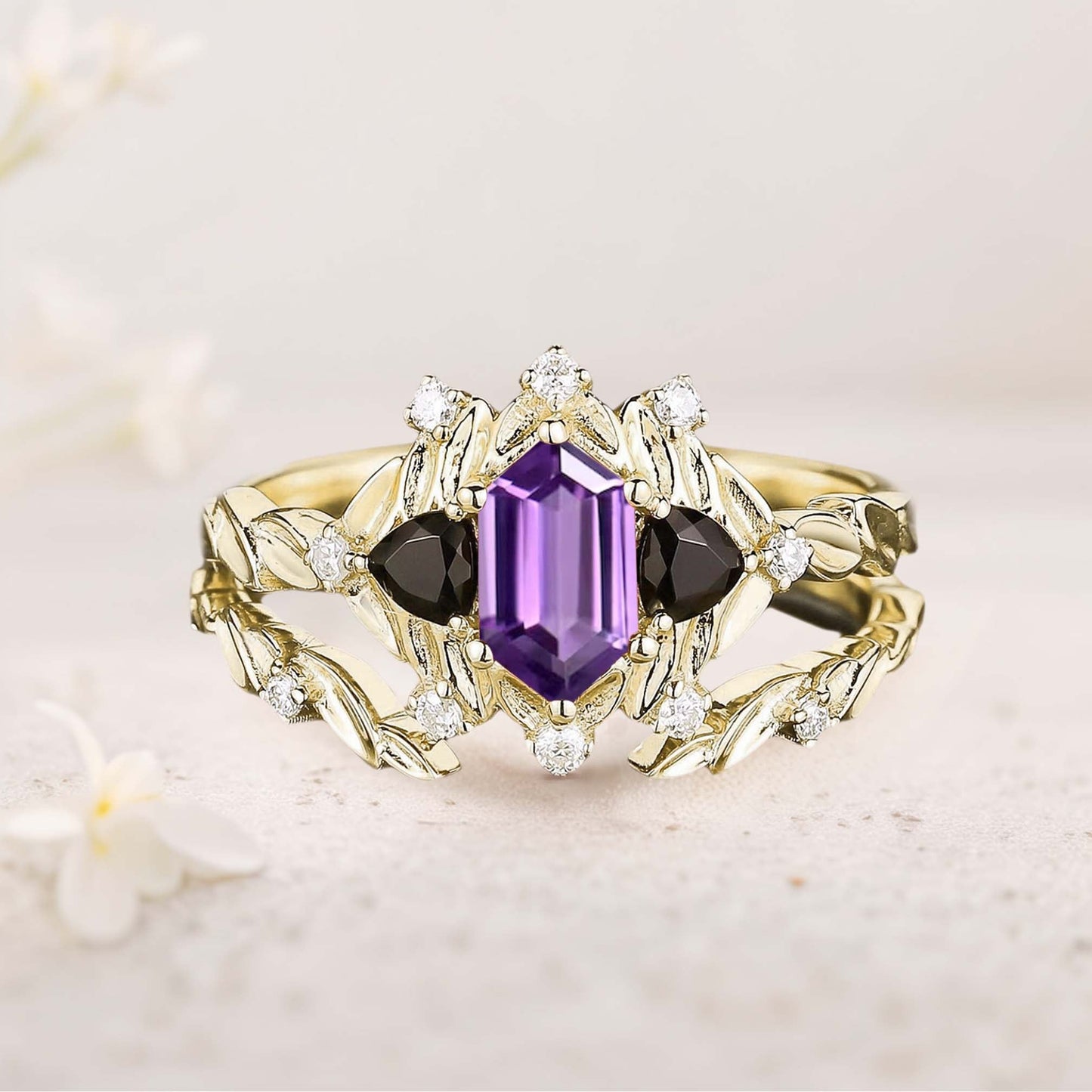 Unique floral engagement rings Long Hexagon Amethyst Leaf Engagement Ring Wedding Ring Set