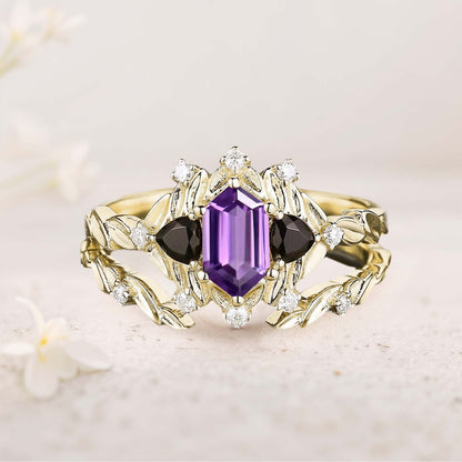 Unique floral engagement rings Long Hexagon Amethyst Leaf Engagement Ring Wedding Ring Set