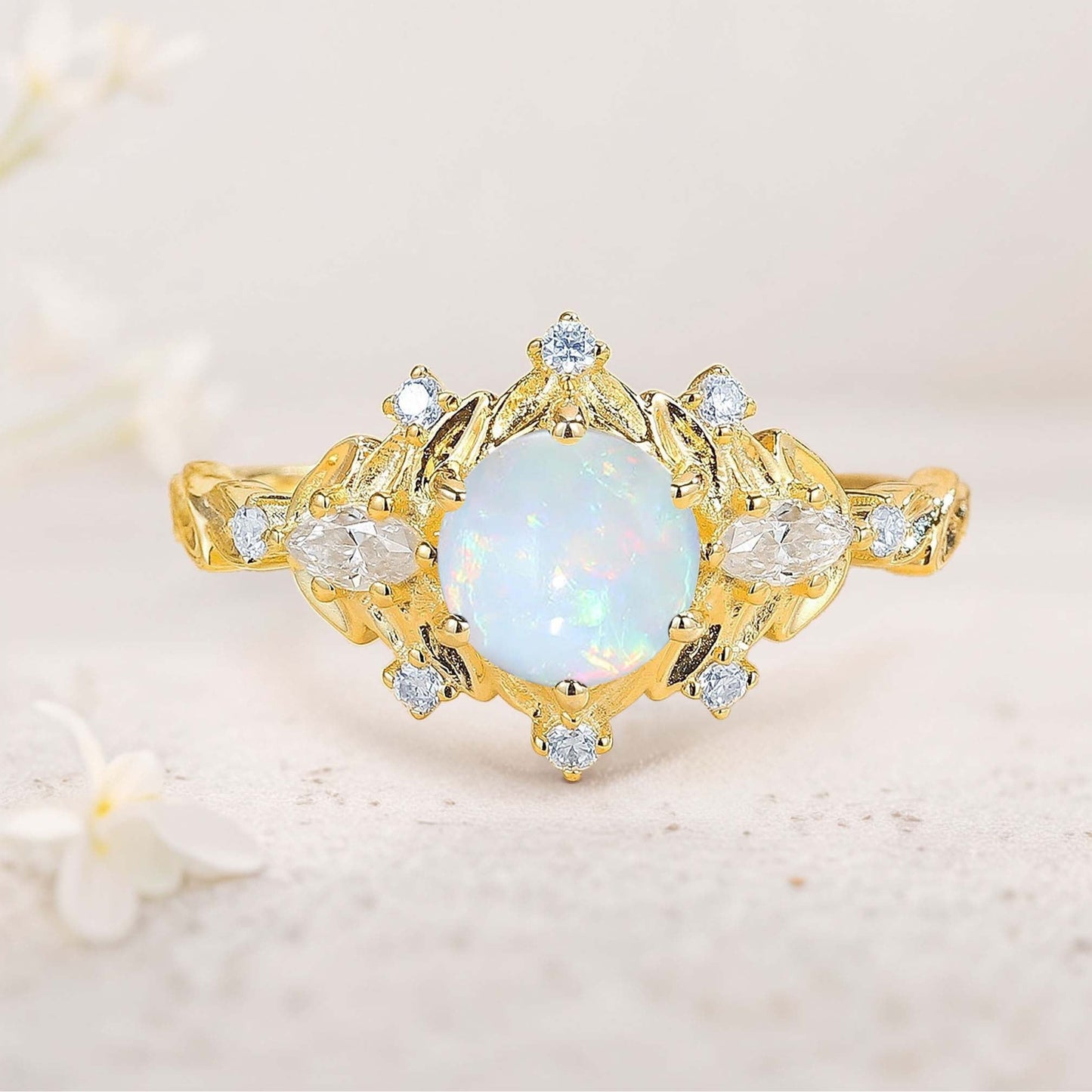 Unique floral engagement rings Round Citrine Flower Engagement Ring Art Deco Leaf Wedding Ring