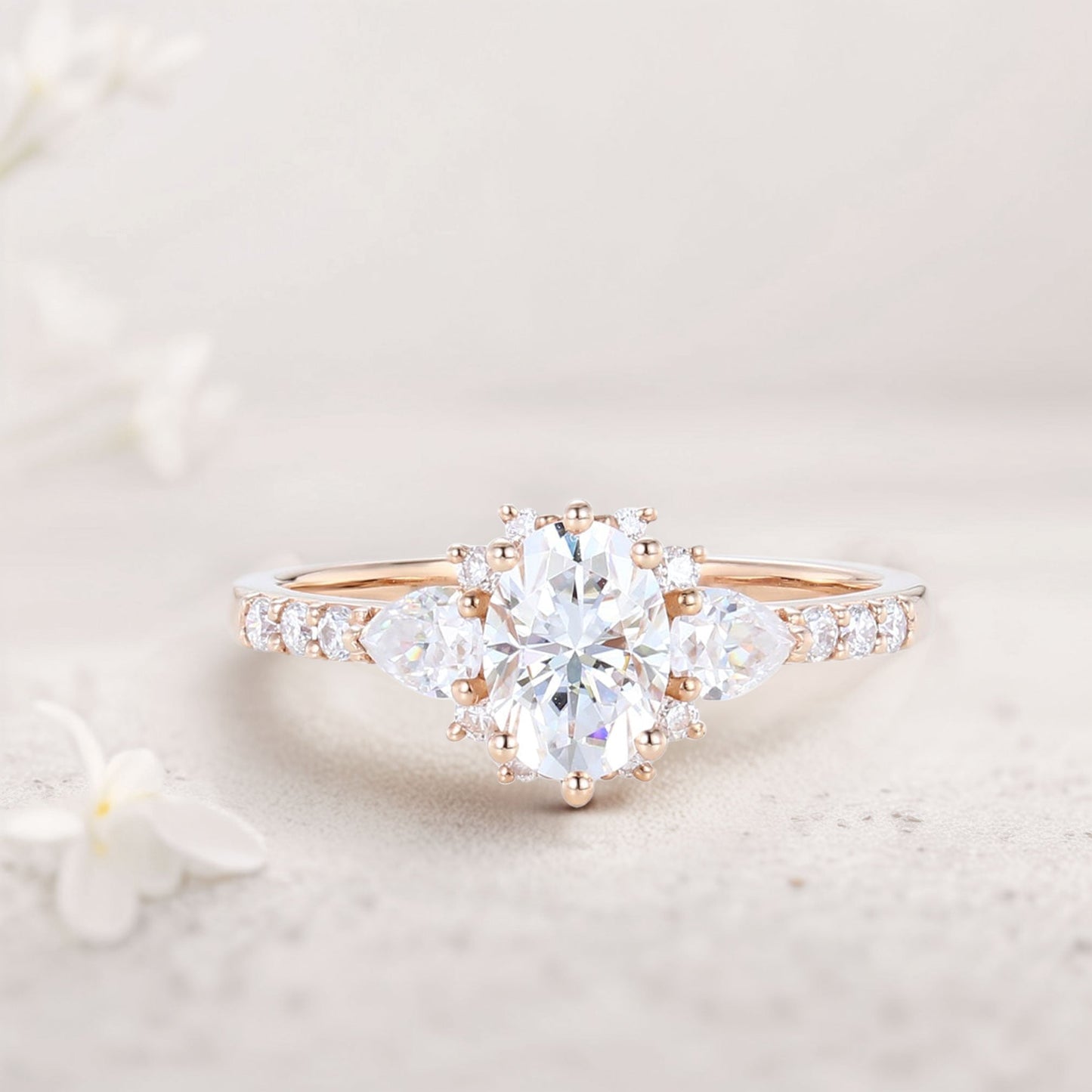 Unique Halo Oval Moissanite Engagement Ring Bridal Ring