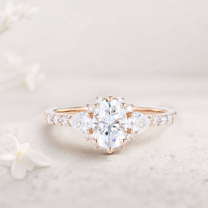 Unique Halo Oval Moissanite Engagement Ring Bridal Ring