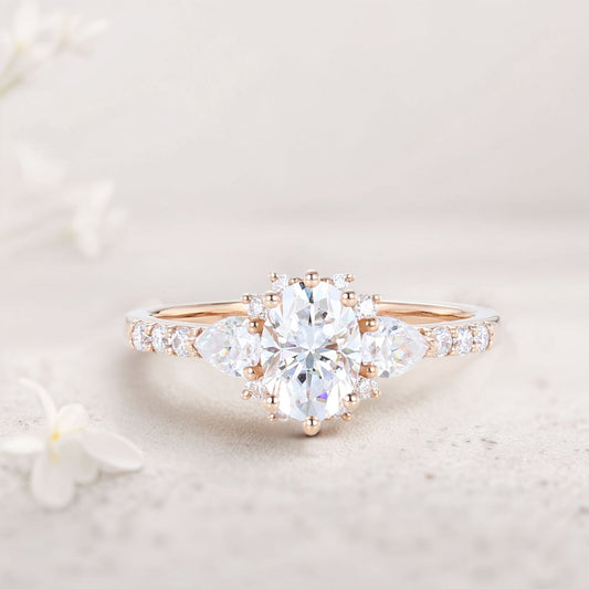 Unique Halo Oval Moissanite Engagement Ring Bridal Ring