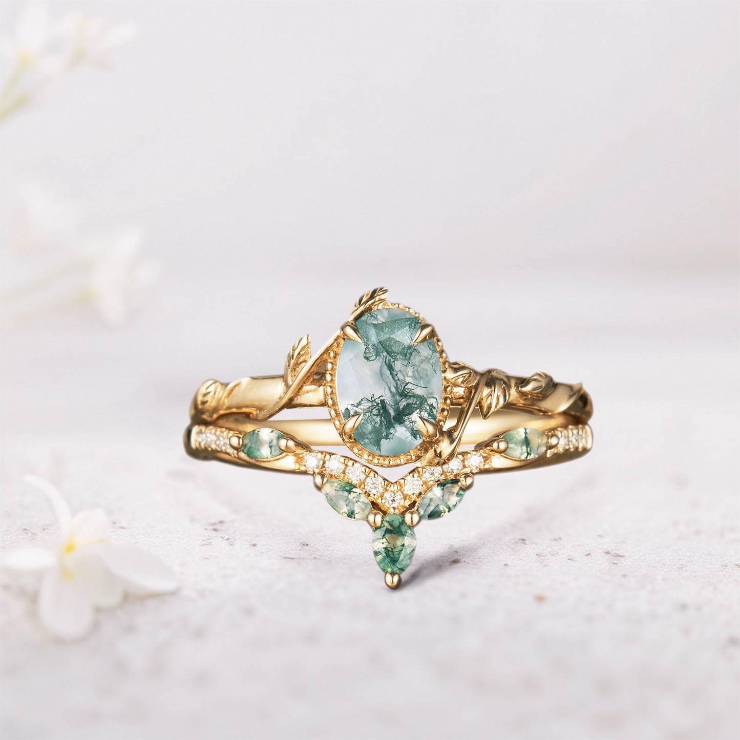 Unique Oval Moss Agate Twig Wedding Ring Set Bridal Ring Set