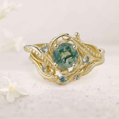 Unique Round Moss Agate With leaves Wedding Ring Set
