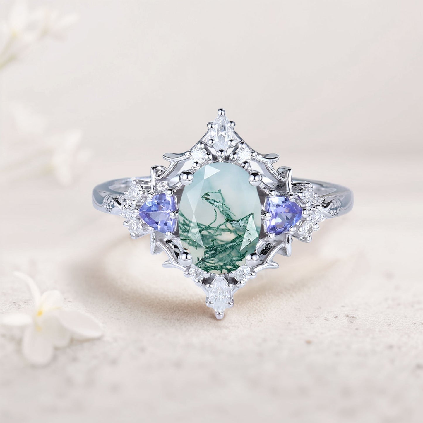 Vintage Briar Rose Oval Moss Agate Engagement Ring Filigree Ring