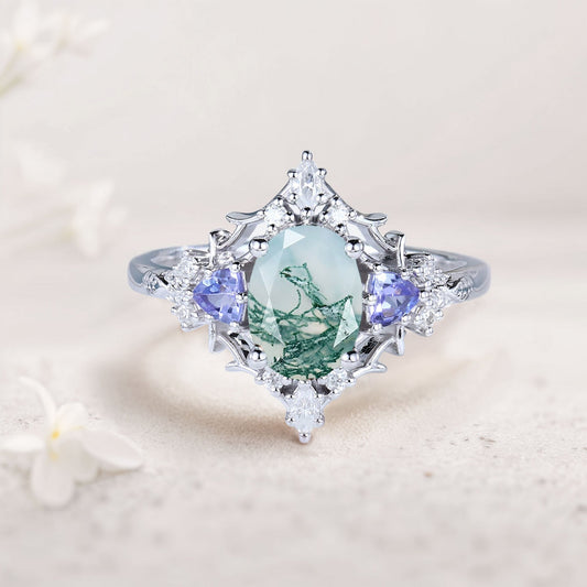 Vintage Briar Rose Oval Moss Agate Engagement Ring Filigree Ring