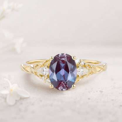 Unique Oval Lab Alexandrite and Moissanite Wedding Ring