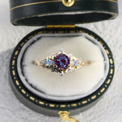 Unique Briar Rose Three Stone Round Lab Alexandrite Ring