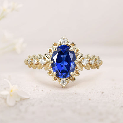 Unique Elegant Royal Blue Lab Sapphire Filigree Leaf Engagement Ring