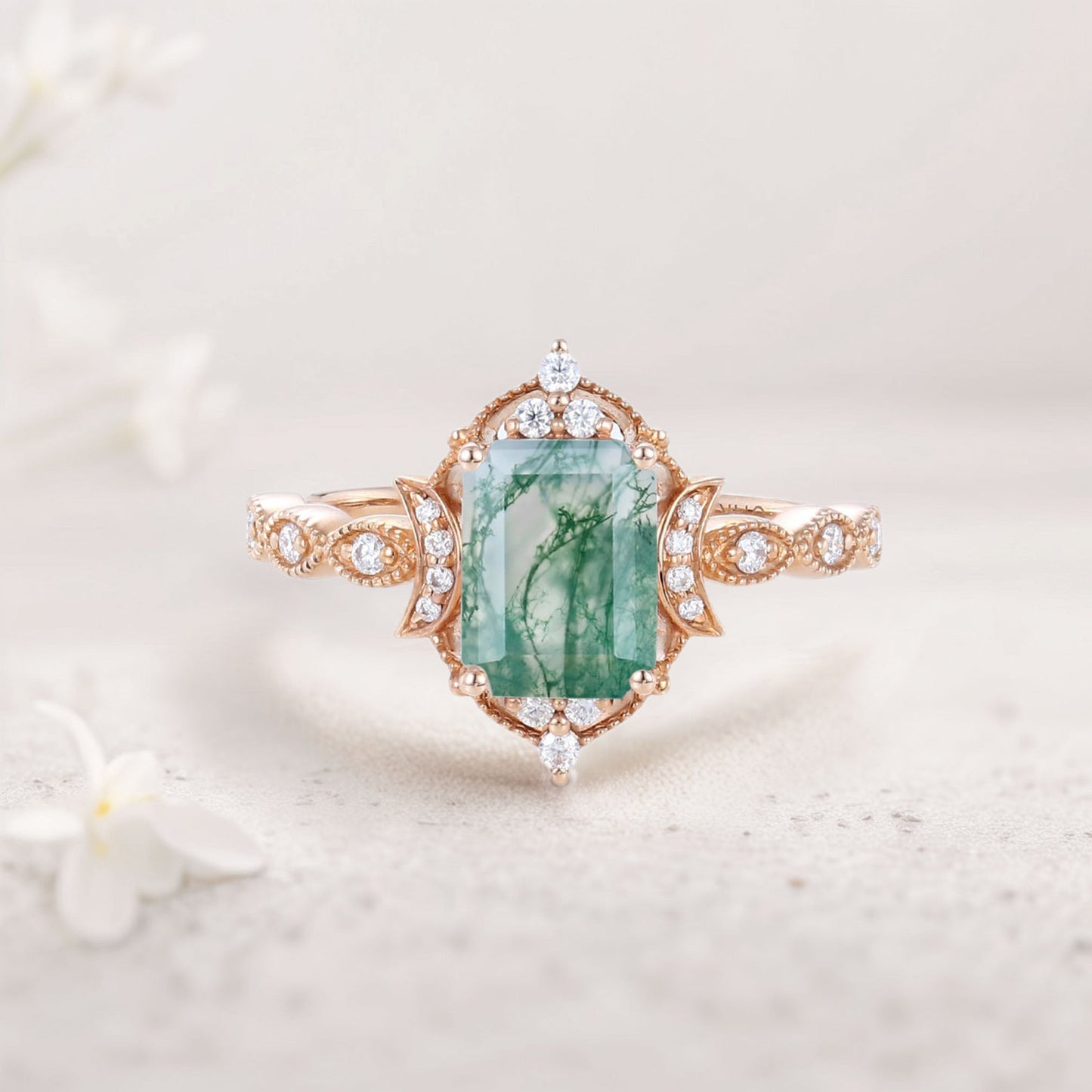 Vintage Emerald cut Moss Agate Engagement Ring Whimsical Charm Bridal Ring