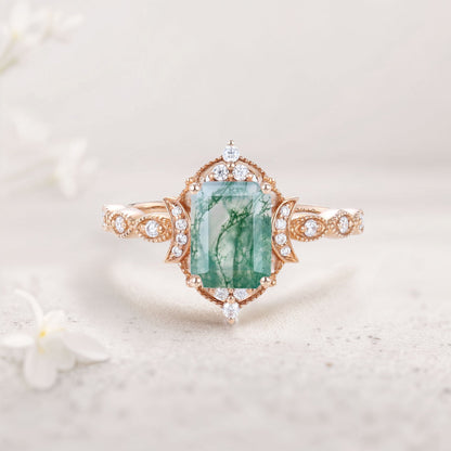 Vintage Emerald cut Moss Agate Engagement Ring Whimsical Charm Bridal Ring