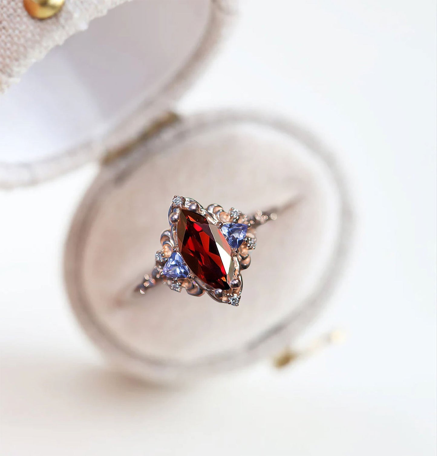 Unique Aurora Three Stone Marquise Garnet and Color Moissanite Anniversary Ring