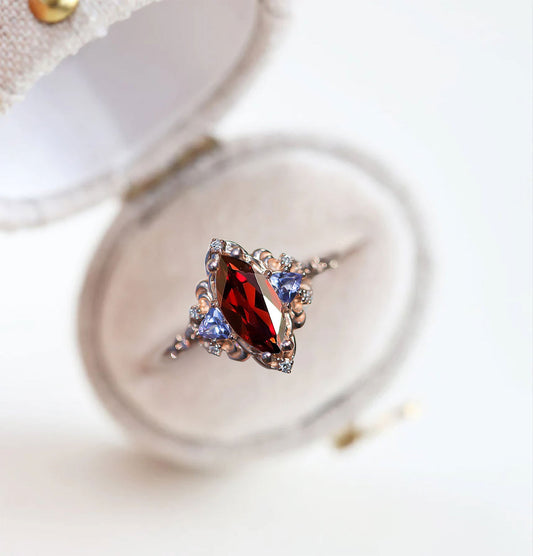 Unique Aurora Three Stone Marquise Garnet and Color Moissanite Anniversary Ring