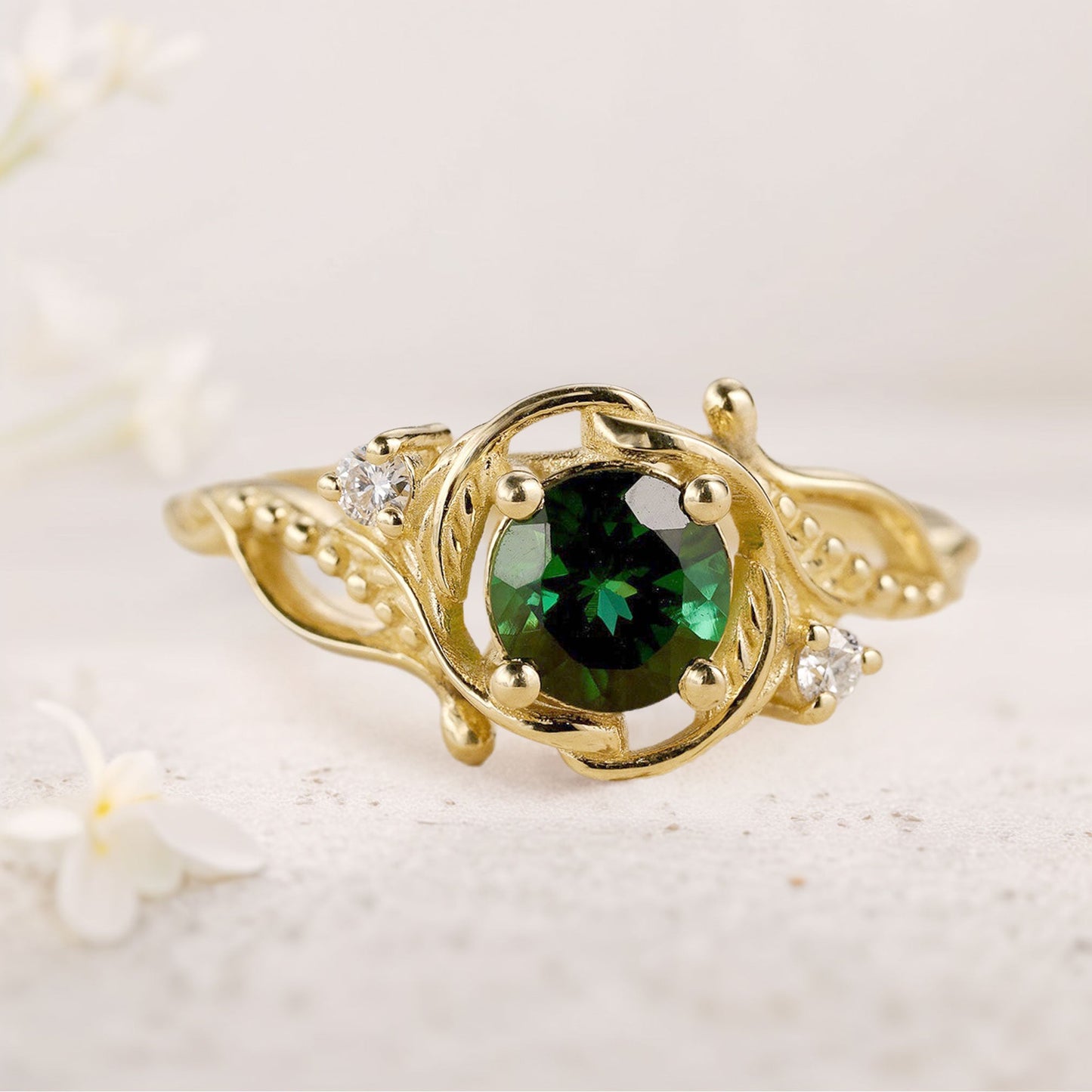 Unique floral engagement rings Round Nature Inspired Green Tourmaline Engagement Ring