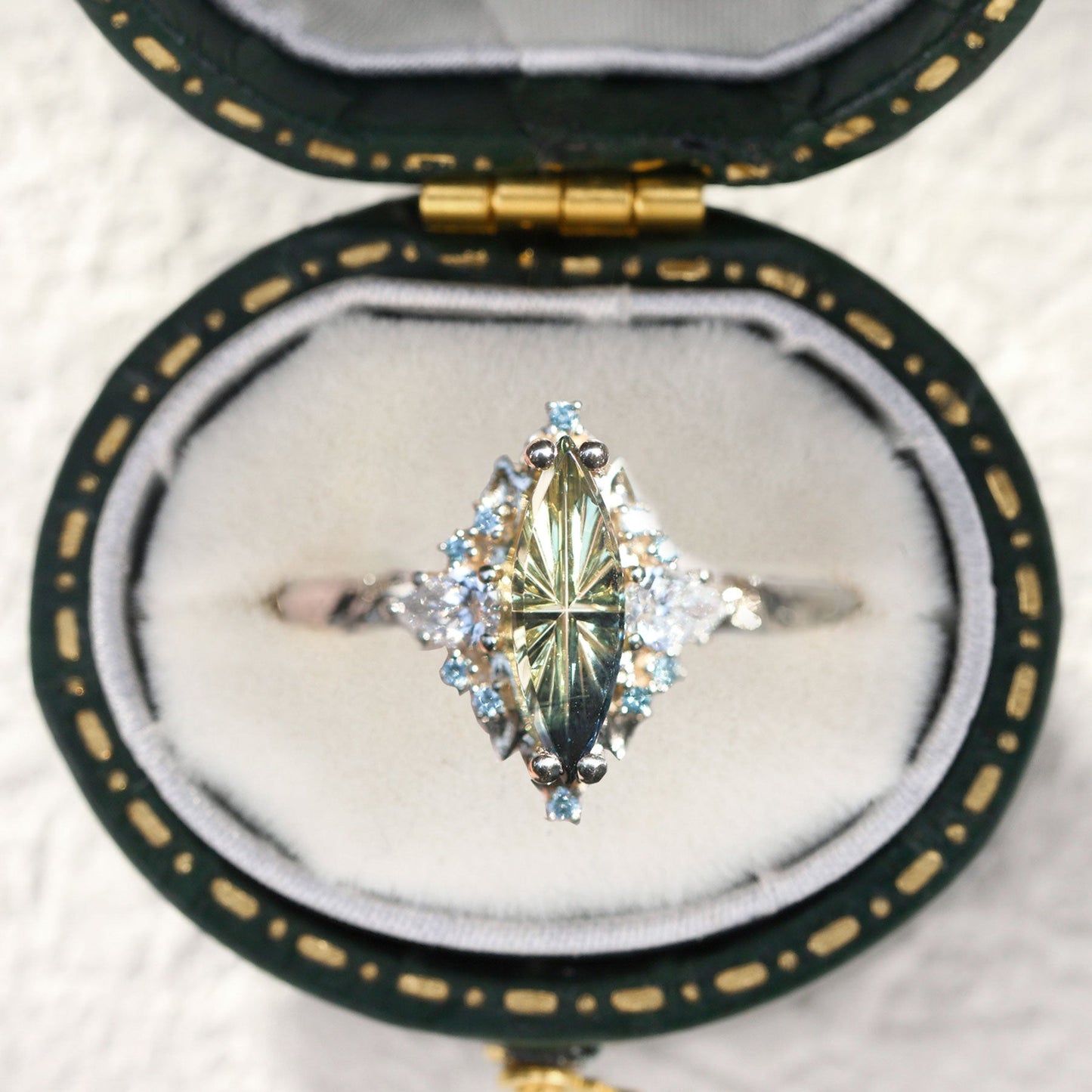 Unique Briar Rose Three Stone Starbrite Cut Marquise Green Lab Sapphire and Moissanite Ring