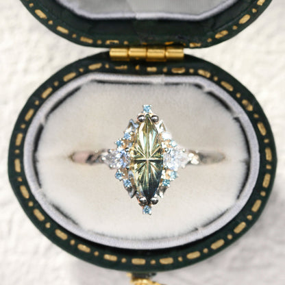 Unique Briar Rose Three Stone Starbrite Cut Marquise Green Lab Sapphire and Moissanite Ring