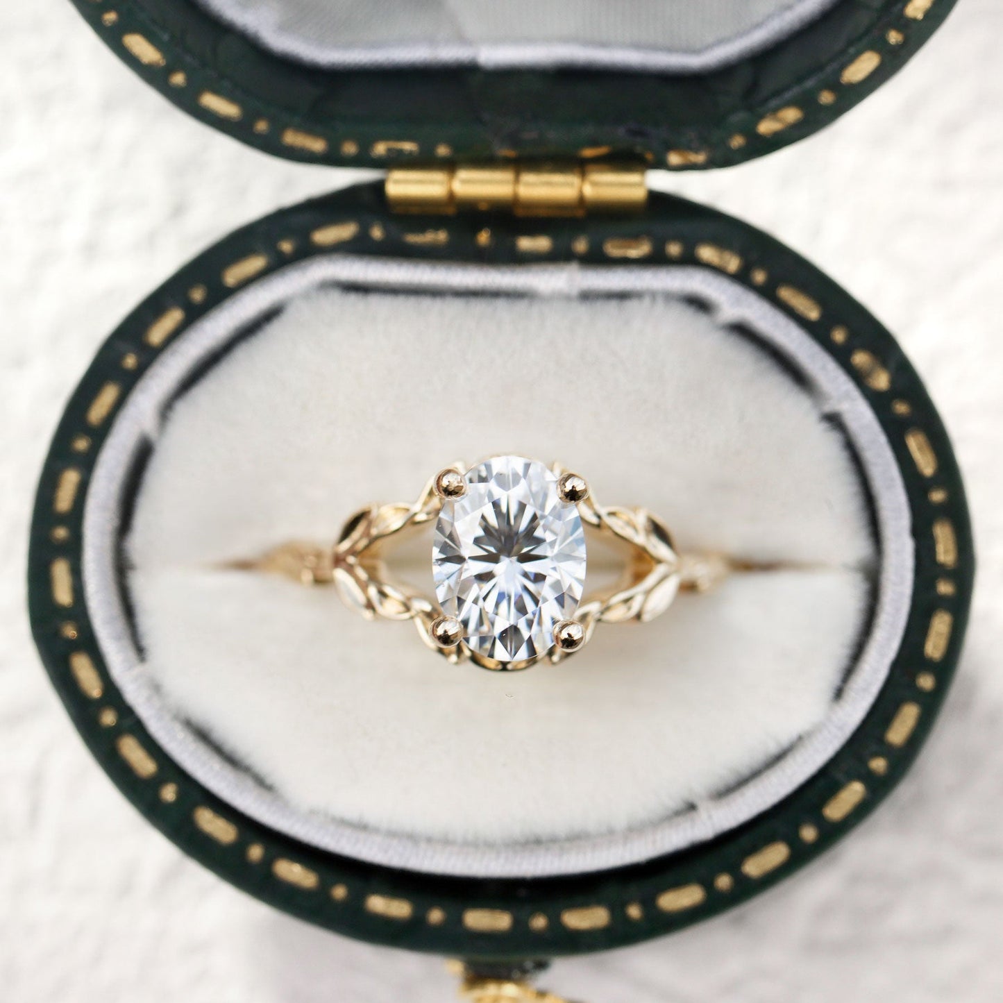 Unique Wisteria Solitaire Oval Moissanite Leafy Ring