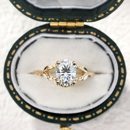 Unique Wisteria Solitaire Oval Moissanite Leafy Ring