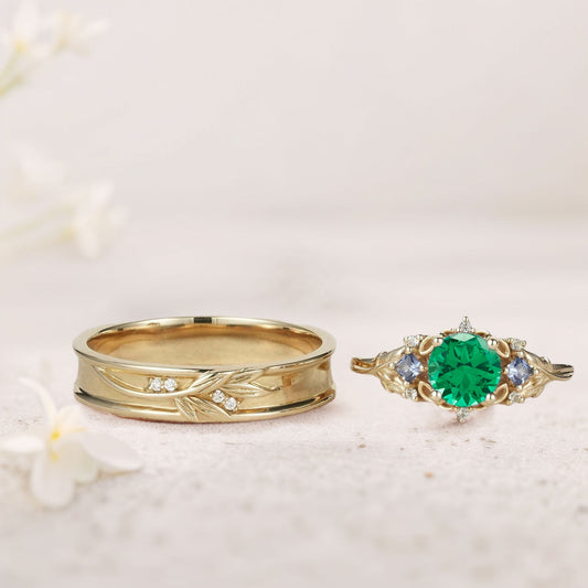 Unique Round Lab Emerald Promise Ring Engagement Ring Set for Couples