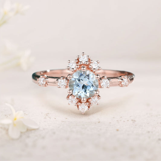 Unique Round Lab Aquamarine Promise Ring For Women