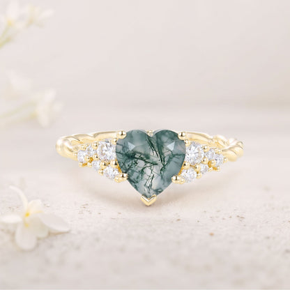 Unique Heart Cut Moss Agate Cluster Engagement Ring Twisted Promise Ring