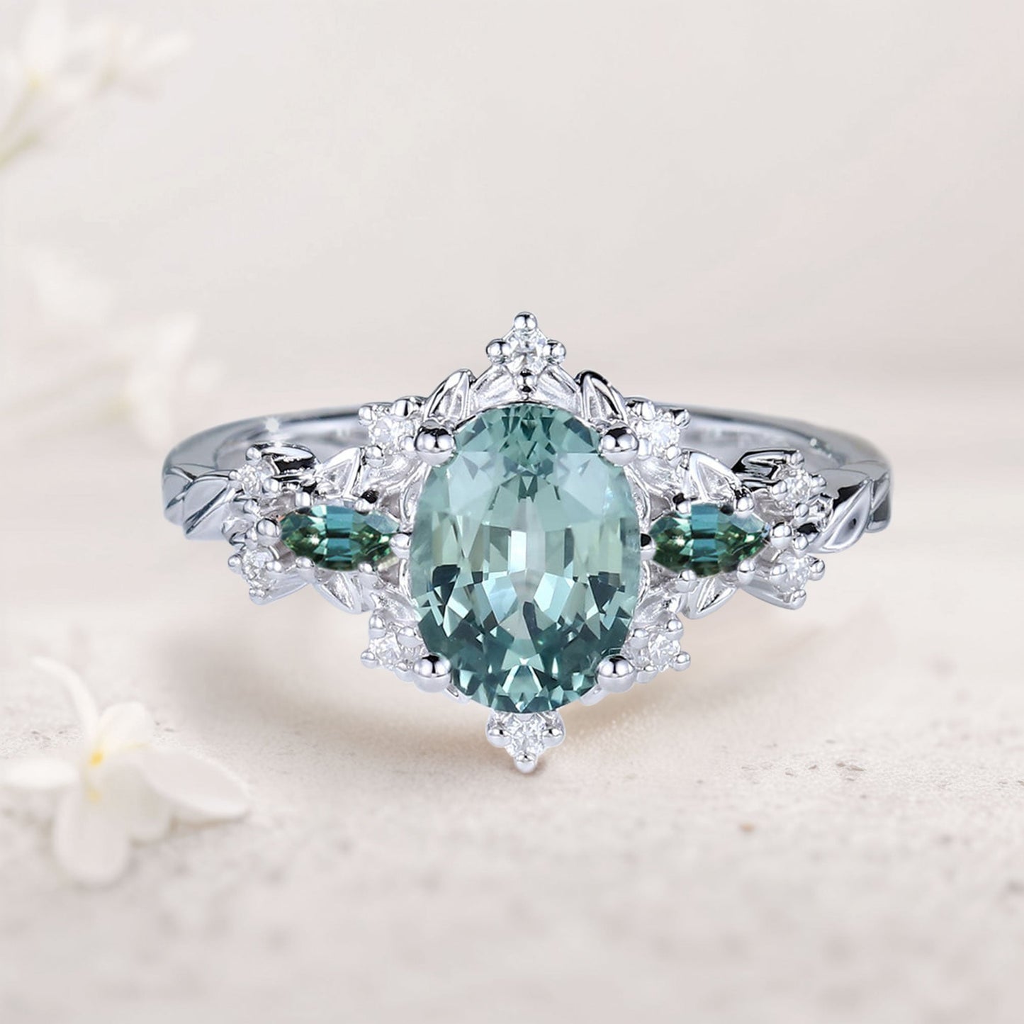 Vintage Briar Rose Oval Green Lab Sapphire and Tear Moissanite Engagement Ring Vine Ring