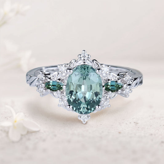 Vintage Briar Rose Oval Green Lab Sapphire and Tear Moissanite Engagement Ring Vine Ring