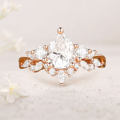 Unique floral Three Stone Pear Moissanite Cluster Engagement Ring