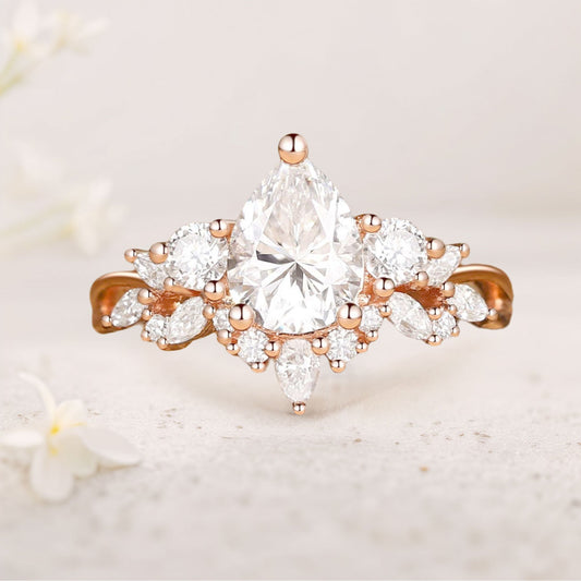 Unique floral Three Stone Pear Moissanite Cluster Engagement Ring