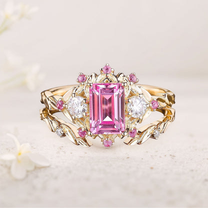 Unique Emerald Cut Lab Padparadscha Floral Engagement Ring Set