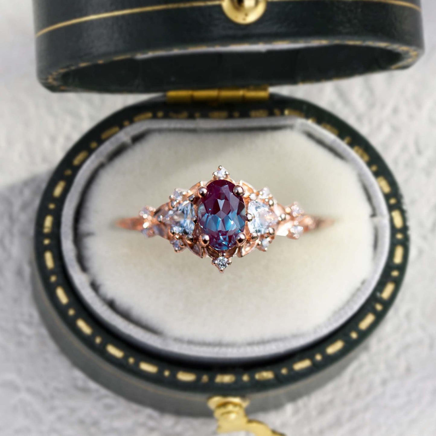 Unique Briar Rose Oval Lab Alexandrite and Moissanite Ring
