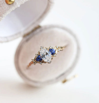 Unique Celeste Rose Oval Moissanite and Lab Sapphire Ring