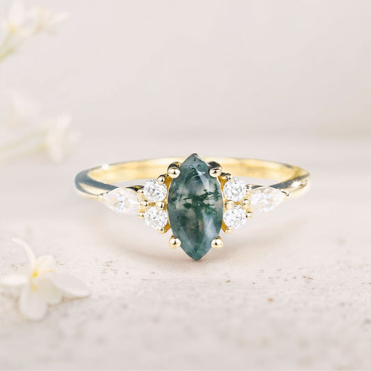 Unique Marquise Moss Agate Simple Engagement Ring