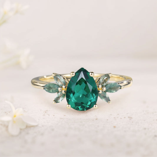 Unique Pear Lab Emerald Ring Petal Moss Agate Side Stones Engagement Ring