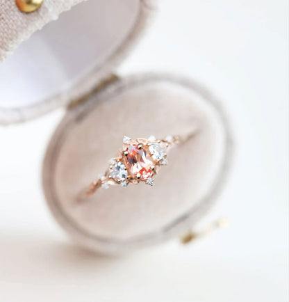 Unique Floral Rose Three Stone Oval Pink Padparadscha Ring