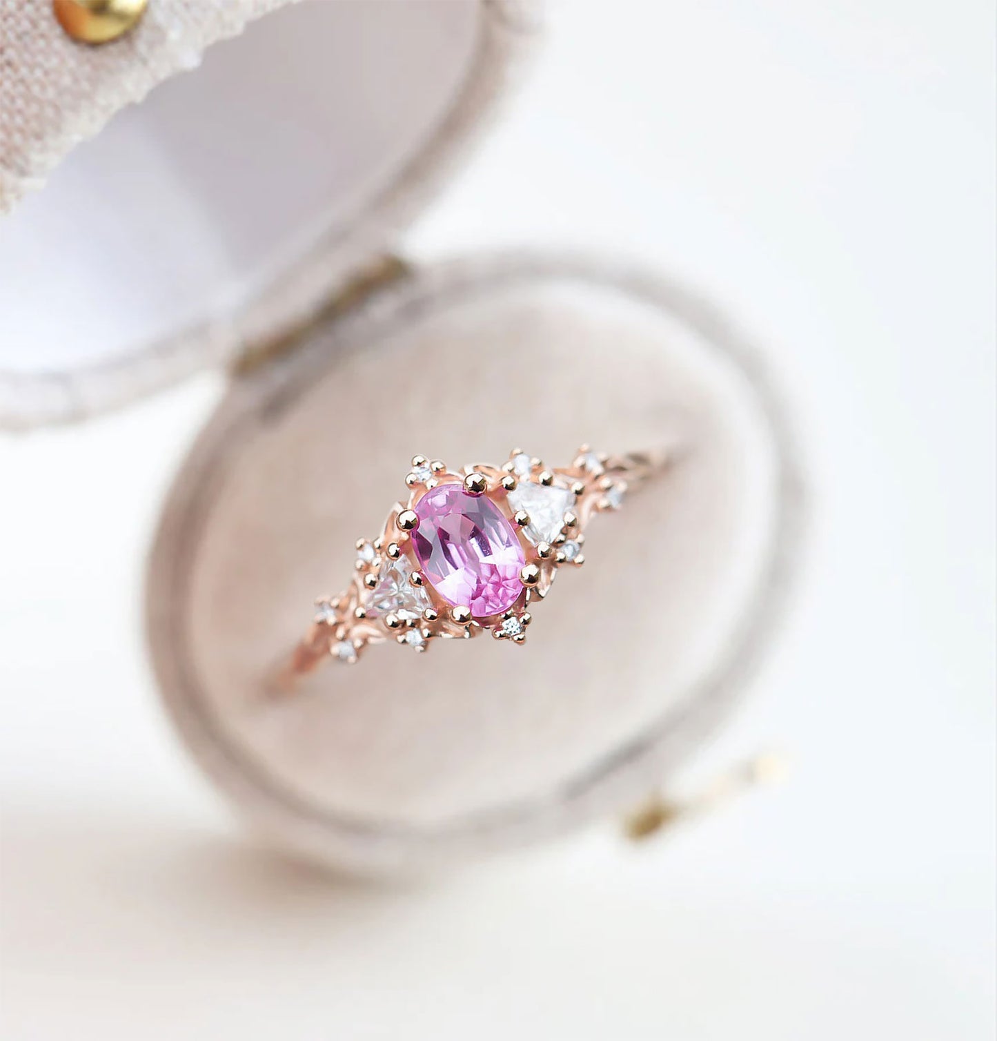 Unique Floral Rose Three Stone Oval Pink Padparadscha Ring (Sunrise)
