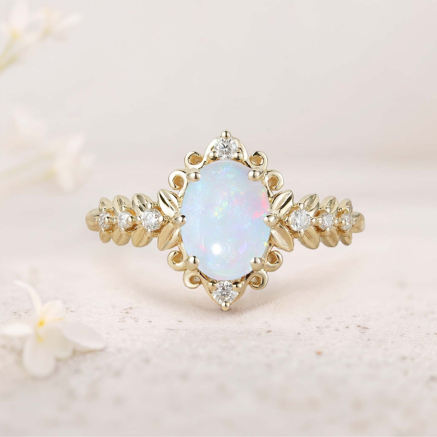 Unique Elegant Royal Oval Lab Opal Filigree Leaf Engagement Ring