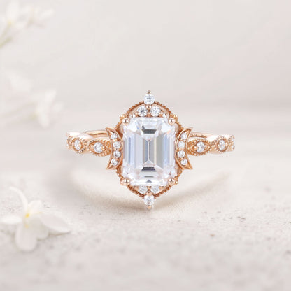 Vintage Emerald Moissanite Engagement Ring Whimsical Charm Bridal Ring